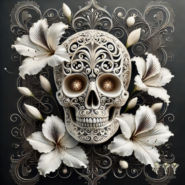 White Suger Skull, white flowers.