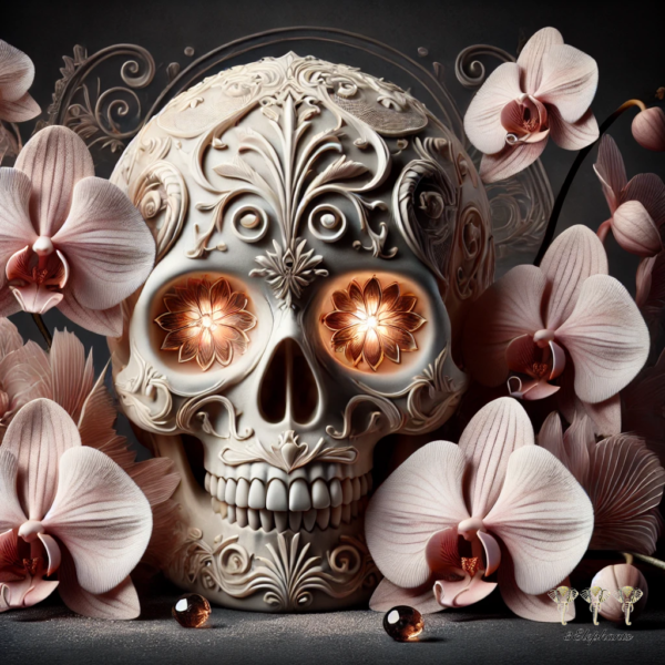 White skull with pale Pink Orchids