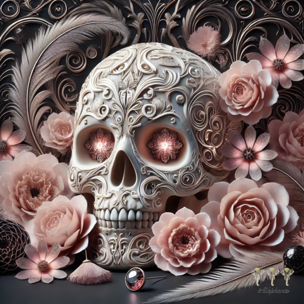 White skull with Peach Roses