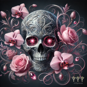 Silver skull with Pink flowers