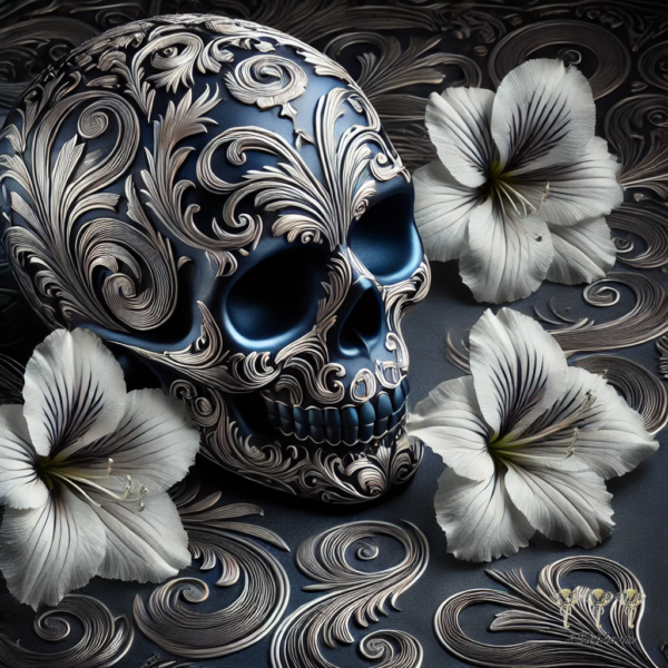 Blue skull with Silver Lilys